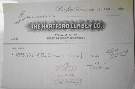 1901 The Hartford Lumber Company receipt. Sold to F. S. Bidwell & Co.