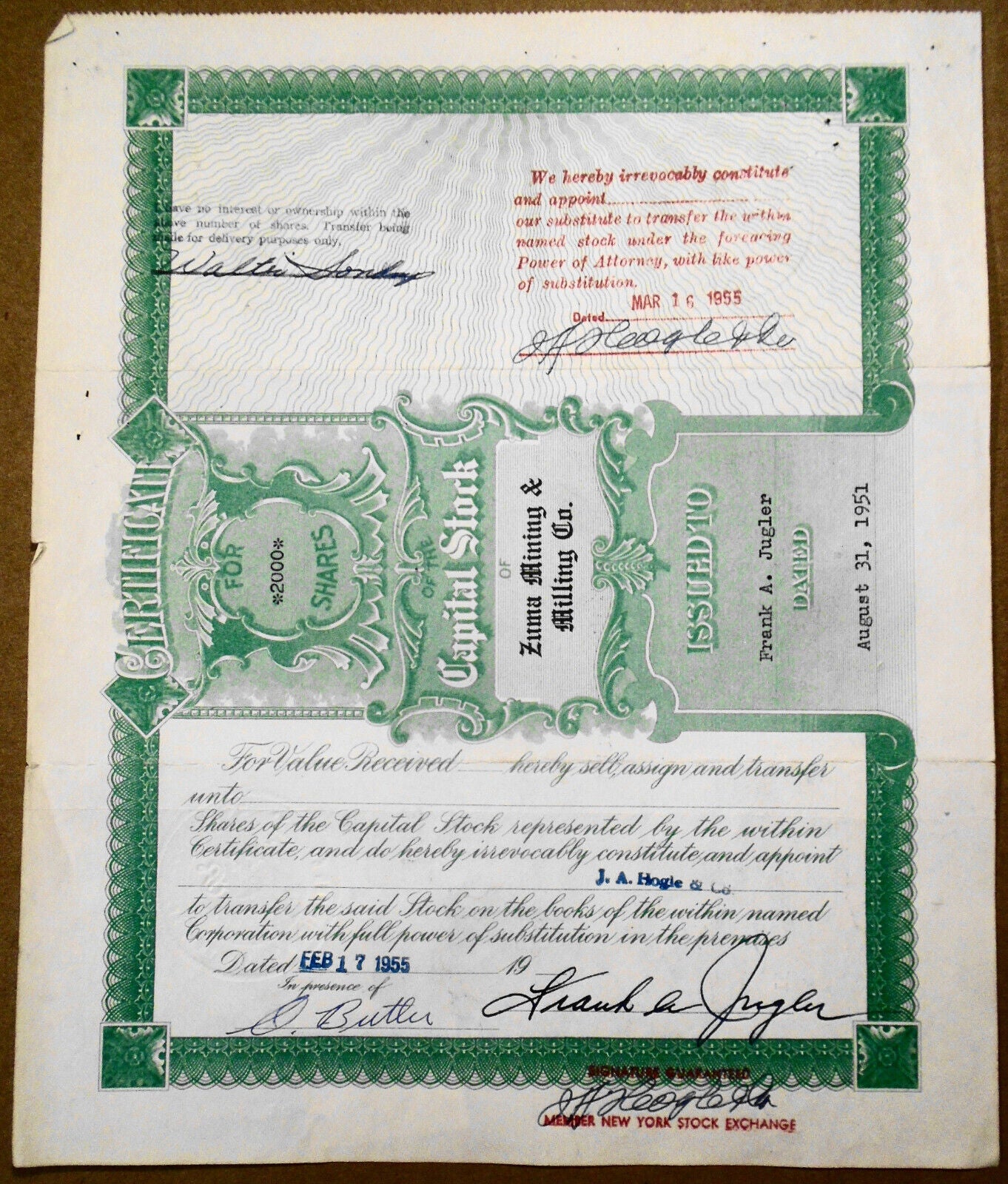 Zuma Mining & Milling Company - Stock Certificate, August 31, 1951