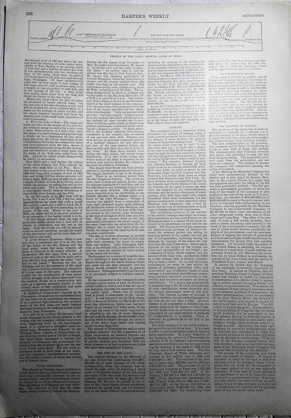 The Nicaragua Canal - Harper's Weekly, March 28, 1891 Supplement. Map & prints