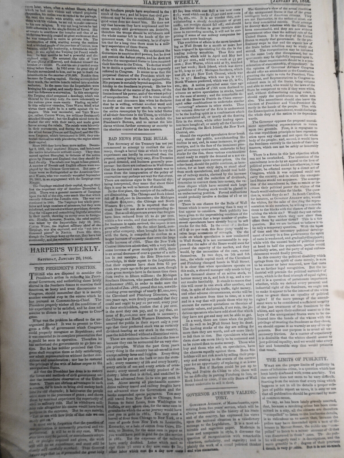 Harper's Weekly January 20, 1866 - American Beauty; Forger Ketchum; etc ORIGINAL