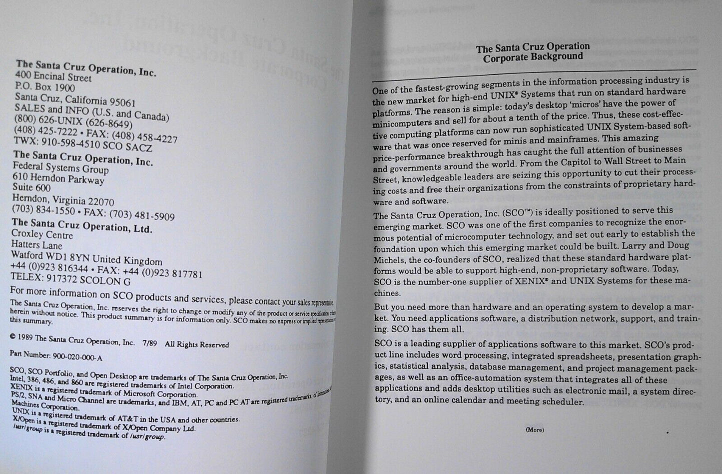 Santa Cruz Operation Press Kit, 1989 : SCO MultiView for UNIX & XENIX, etc
