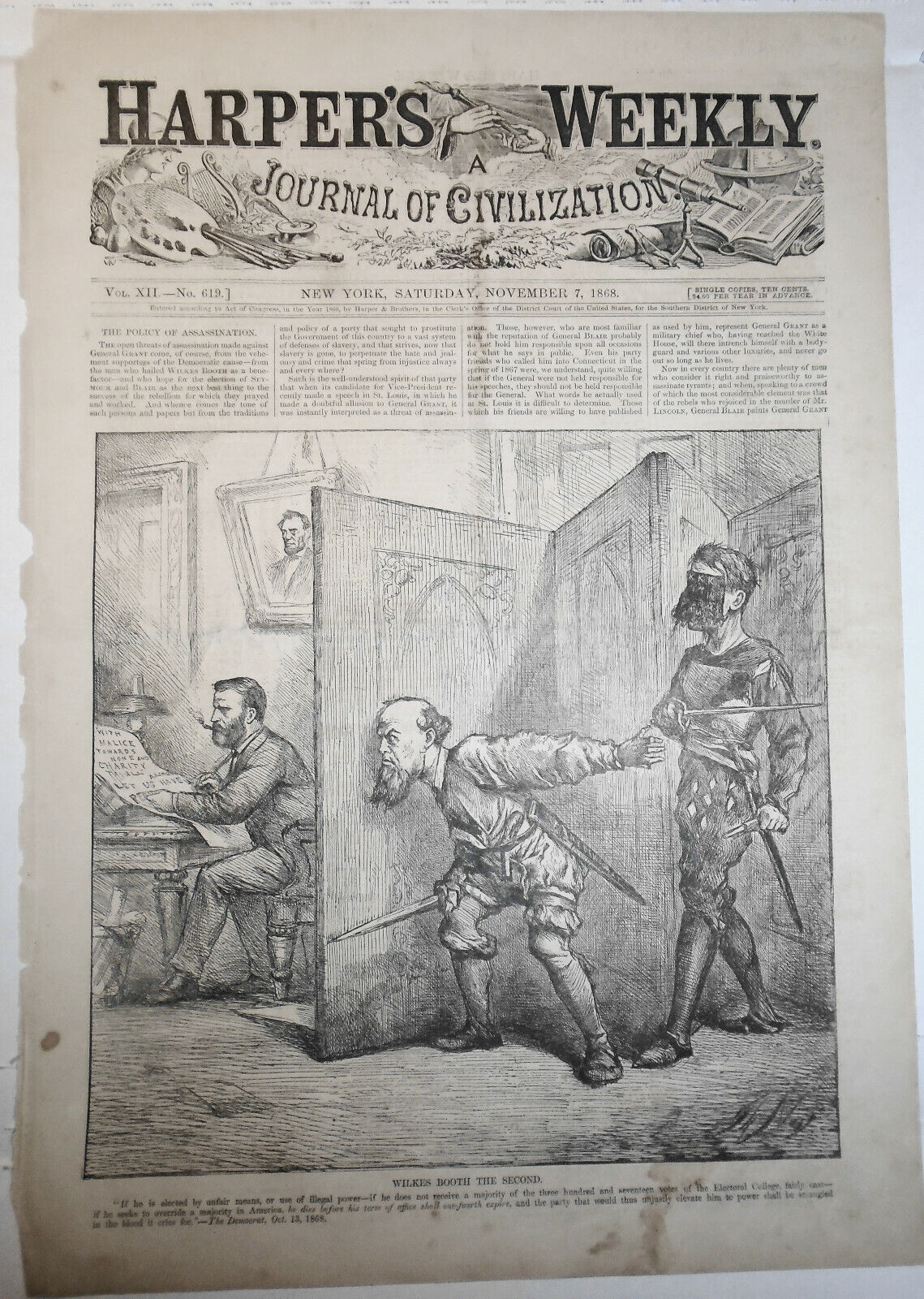 Wilkes Booth The Second - The Policy Of Assassination. Harper's Weekly 1868