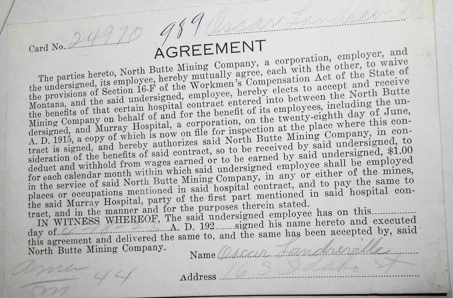 1923 Agreements to waive provisions of the Workmen's Compensation Act, Butte MT