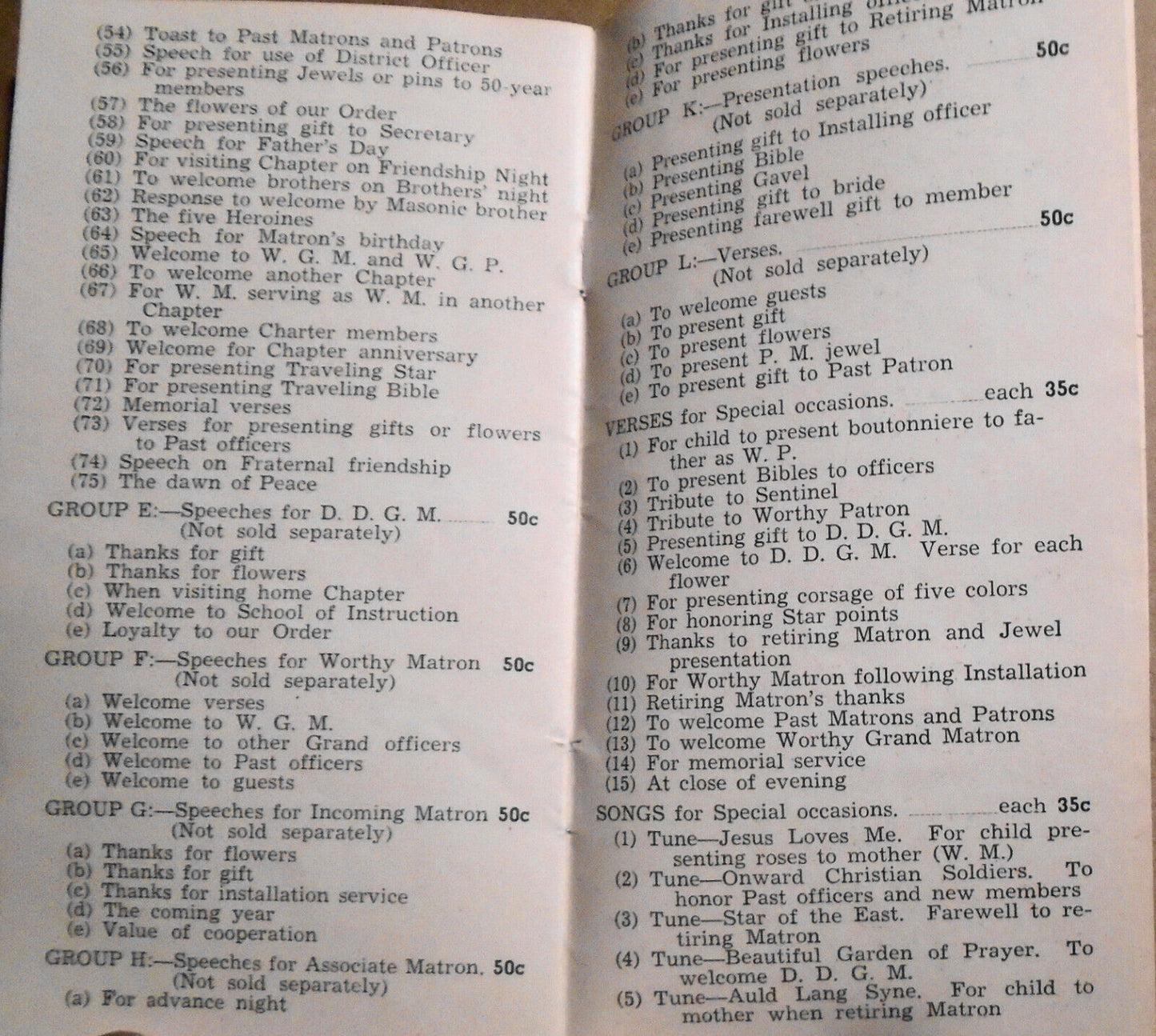 Order of Eastern Star Marches Songs Ceremonies catalog - Associate Matrons 1940s