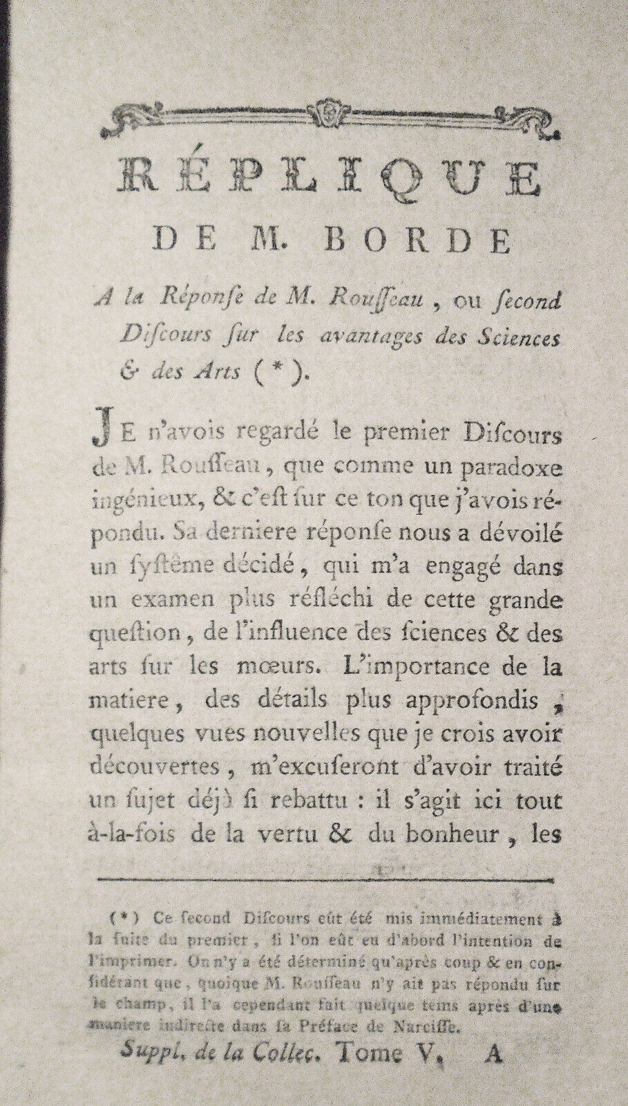 1782 Supplement Collection Des Oeuvres De Jean Jacques Rousseau, Tome Cinquieme