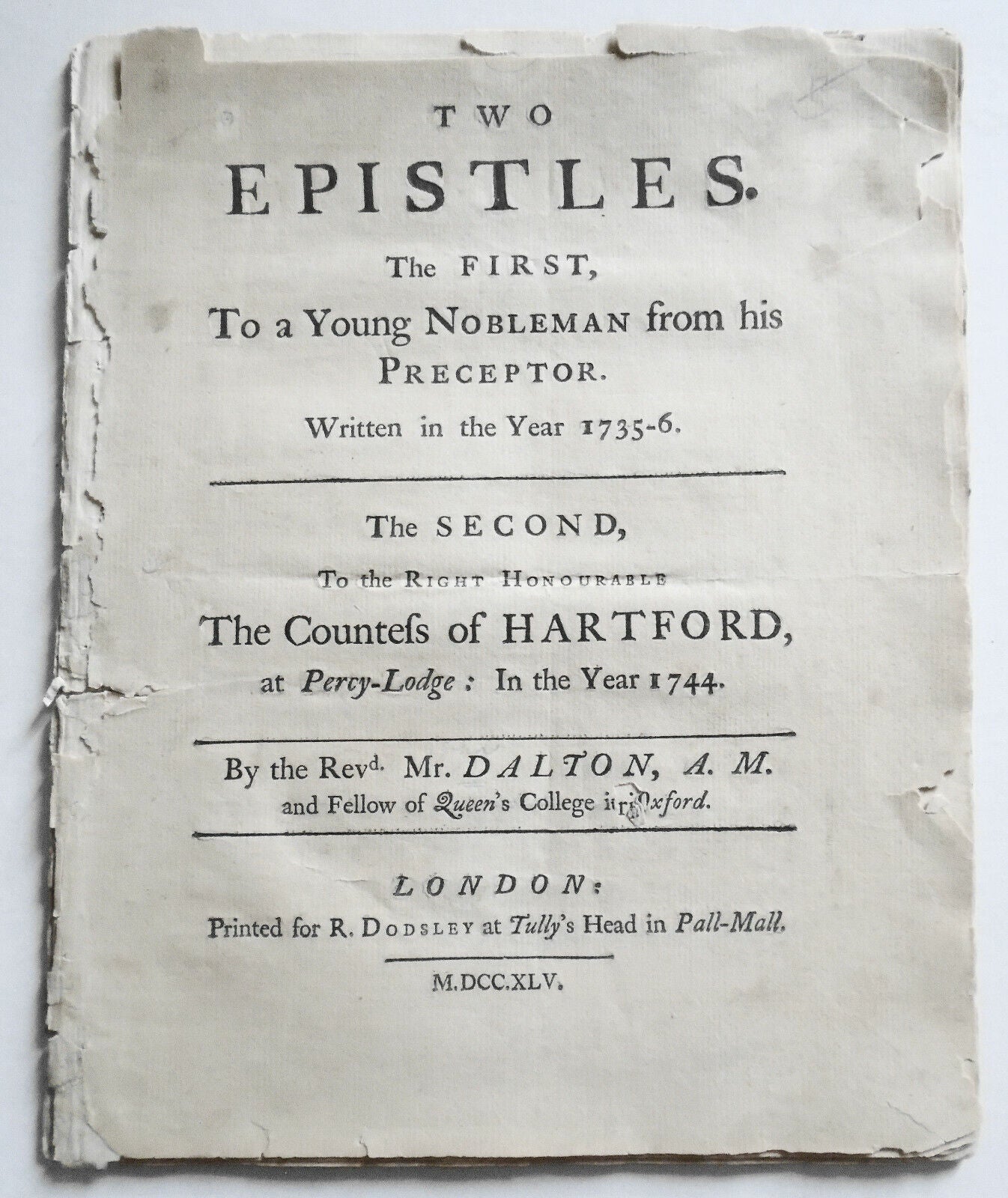 1745 Epistle To A Young Nobleman From His Preceptor Written 1735-6 by Rev Dalton