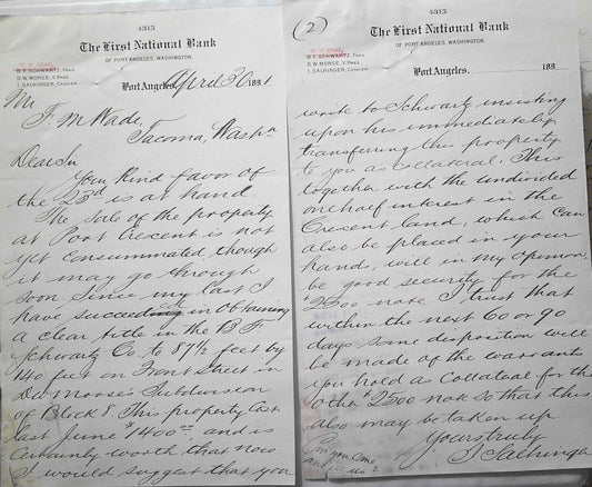 1891  First National Bank, Port Angeles, Washington - on Letterhead note paper