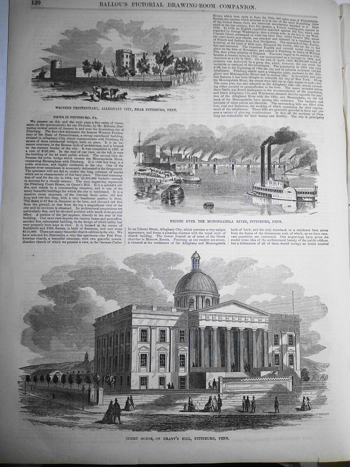 Views in Pittsburg, PA - Story & 6 Prints - Ballou's Pictorial February 21, 1857