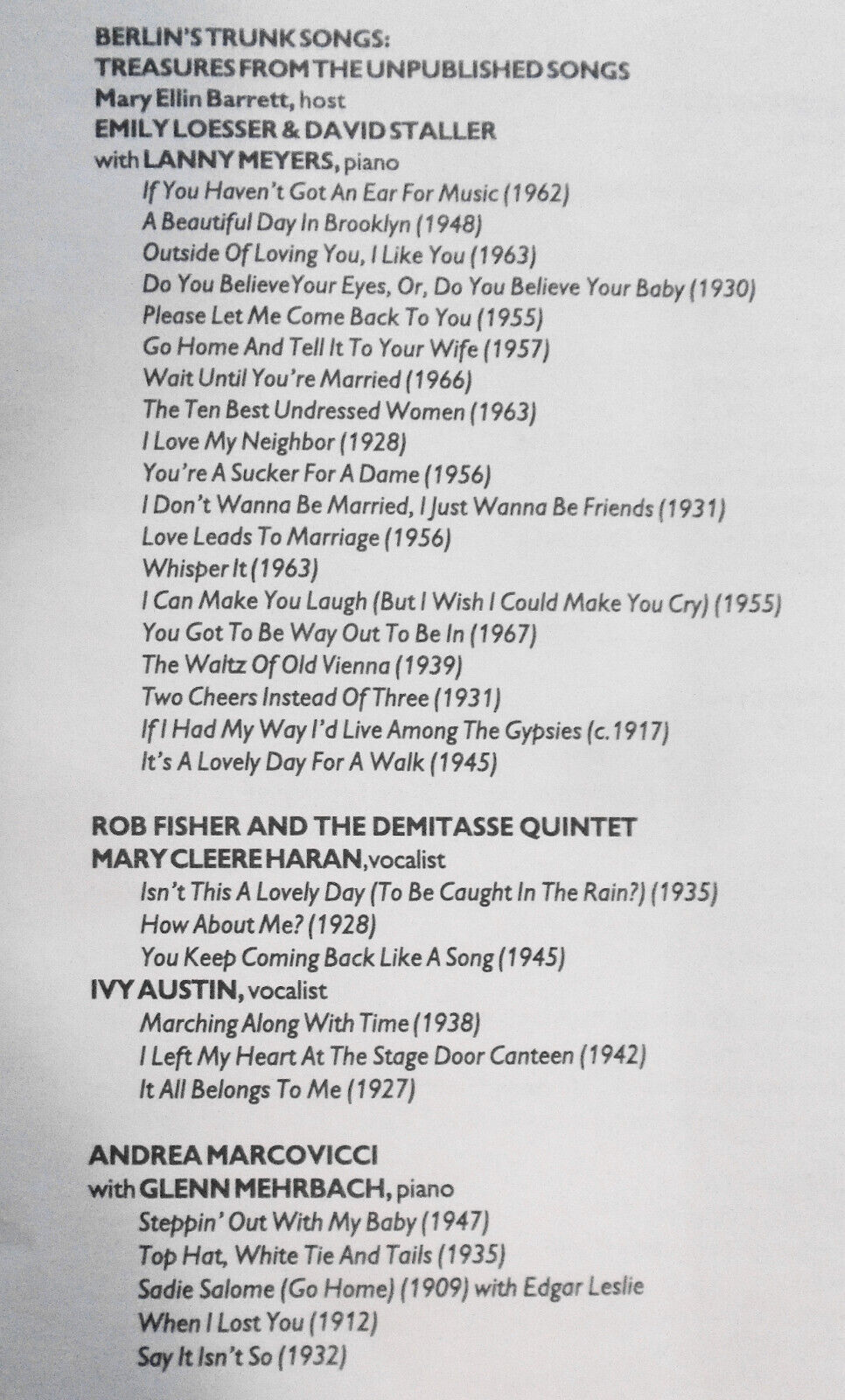 WALL TO WALL IRVING BERLIN - Program - March 19, 1994 - Symphony Space, NYC