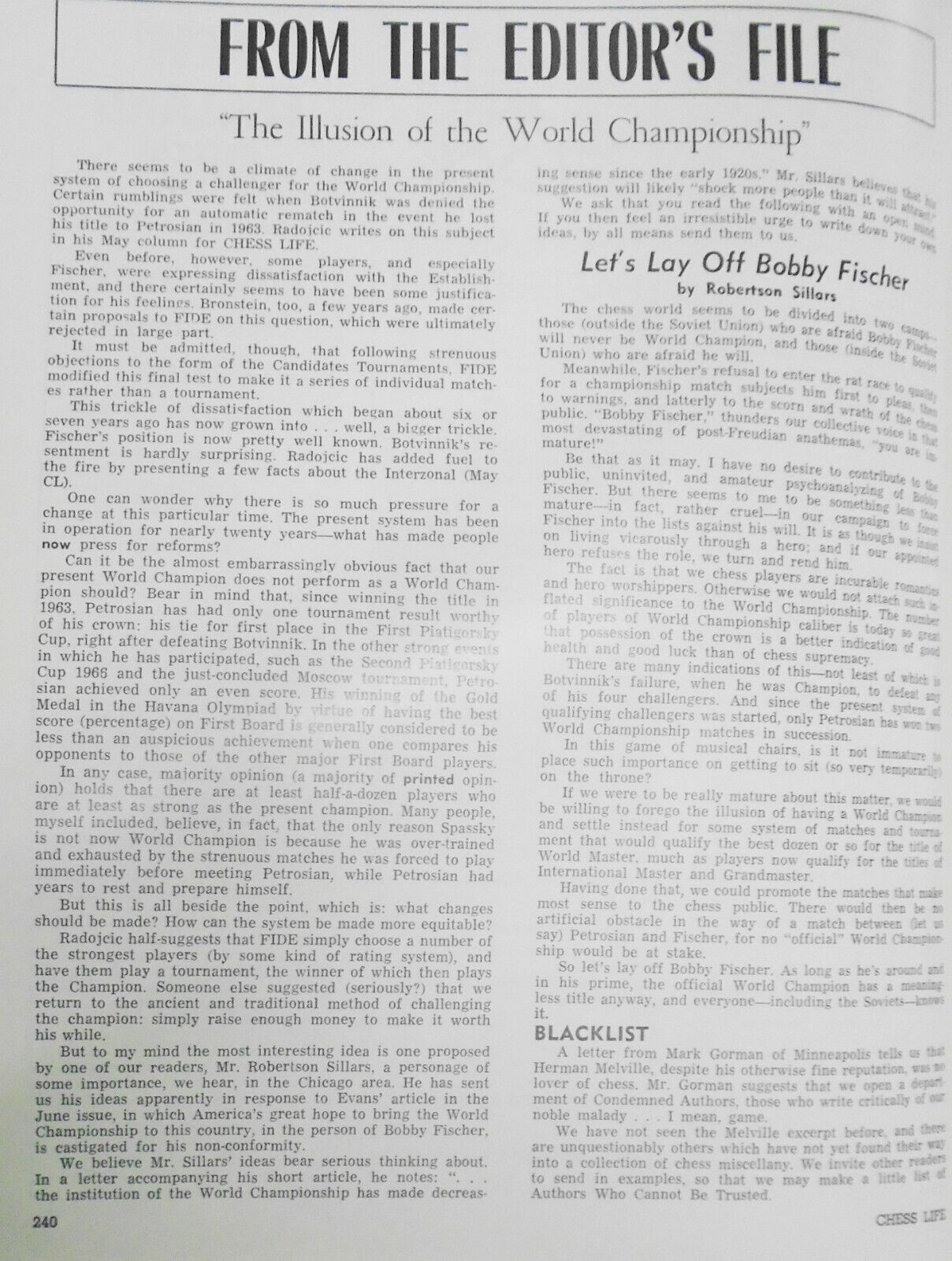 Chess Life, August 1967 -  "Let's Lay Off Bobby Fischer" etc