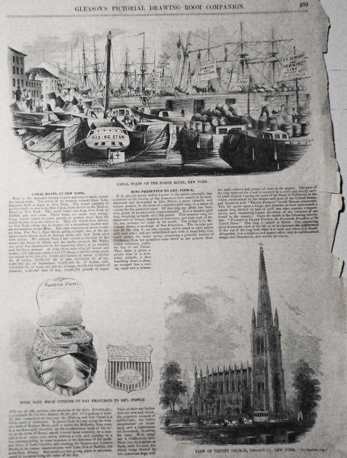 Canal Boats, At New York - 1852 Gleason's - Also Gold Ring & Trinity Church