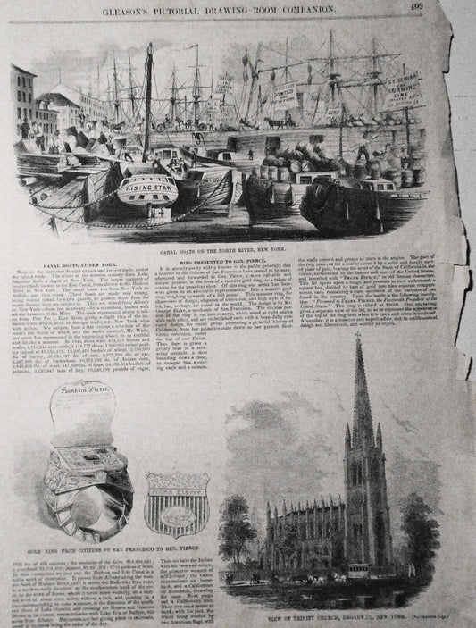 Canal Boats, At New York - 1852 Gleason's - Also Gold Ring & Trinity Church