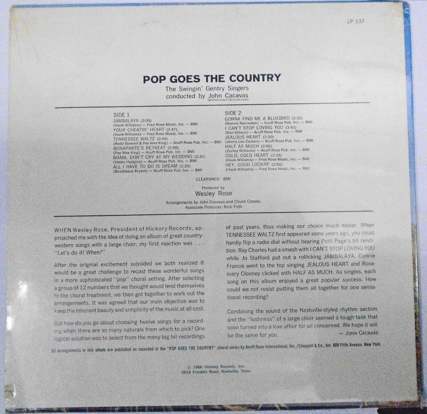 The Swingin' Gentry Singers : Pop Goes The Country LP.  SEALED - NEW.  1966