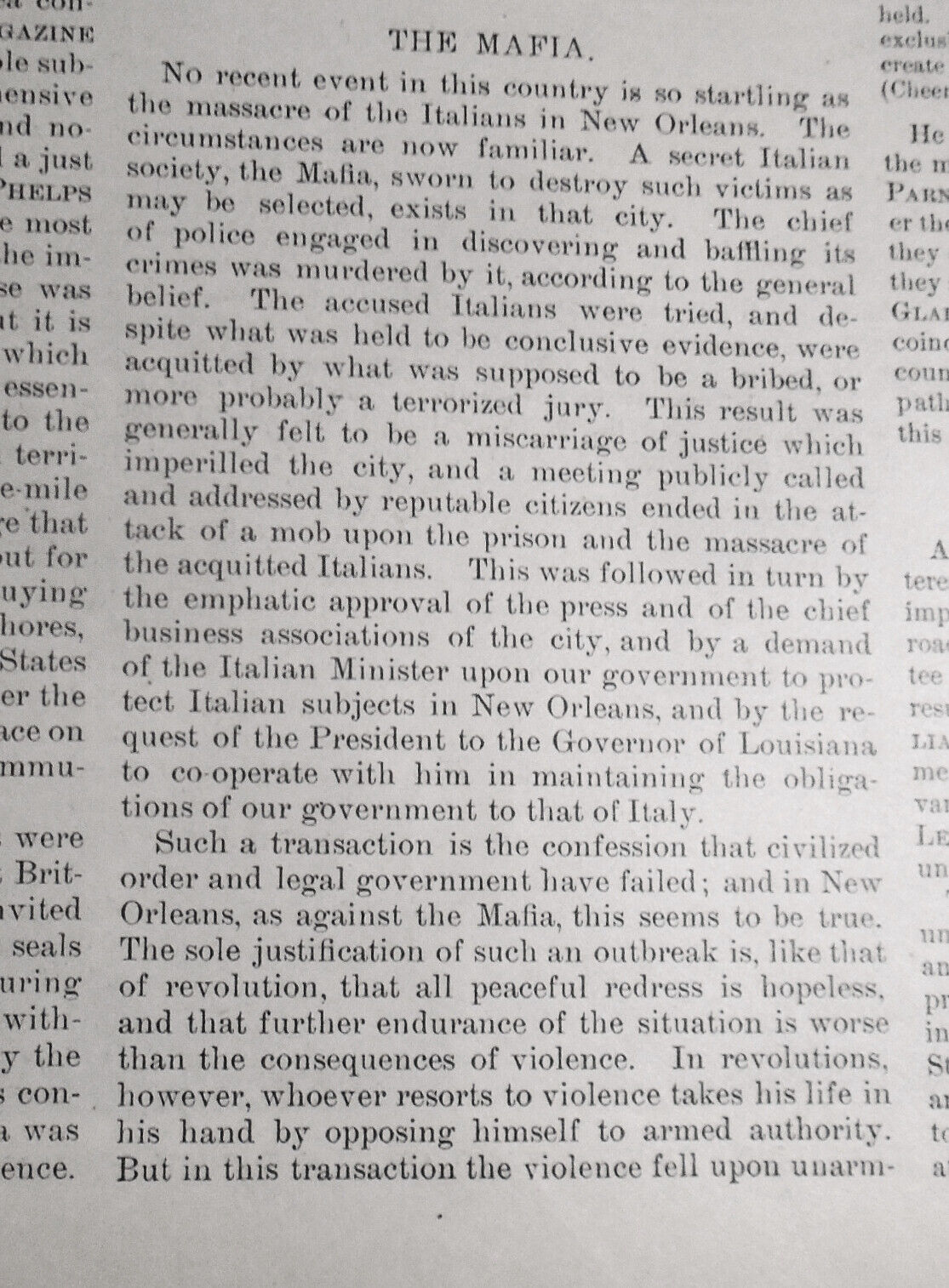[Mafia] Killing of 6 Italians in New Orleans - Harper's  Weekly, 1891. Original.