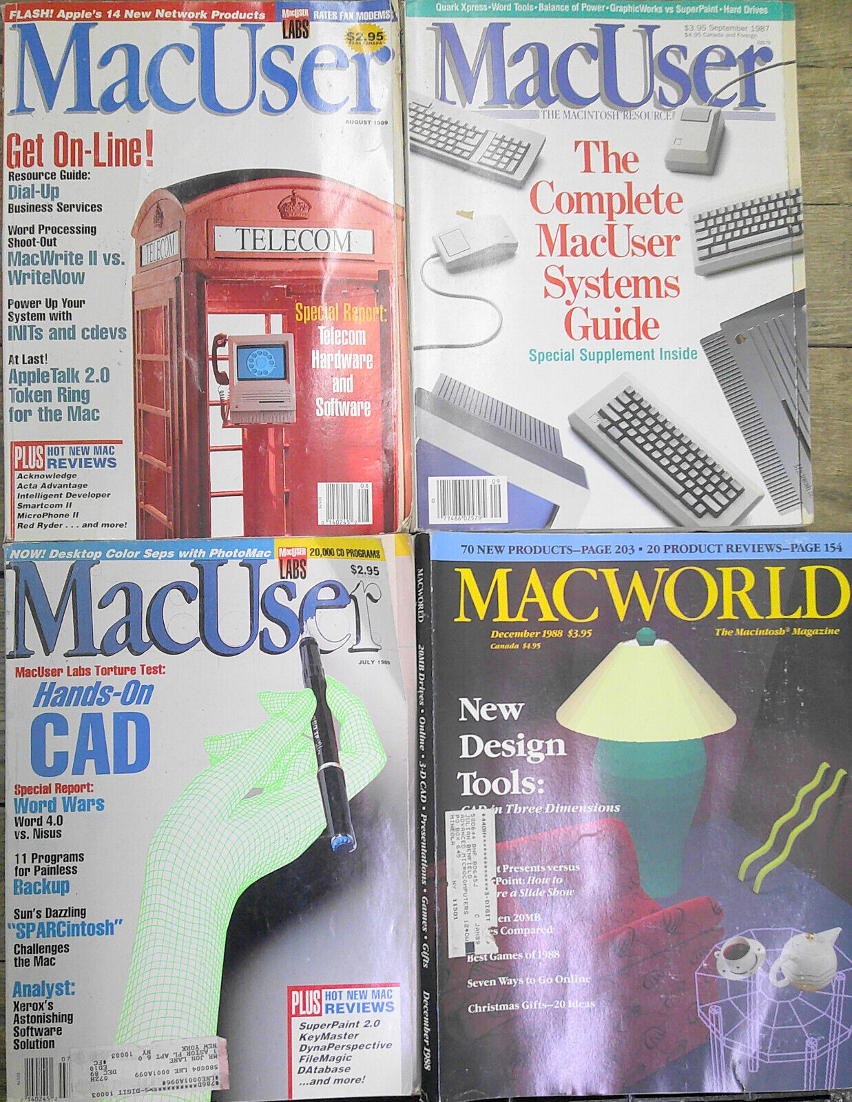 4 vintage Apple Macintosh magazines, 1987-89 : 3 MacUser & 1 MacWorld