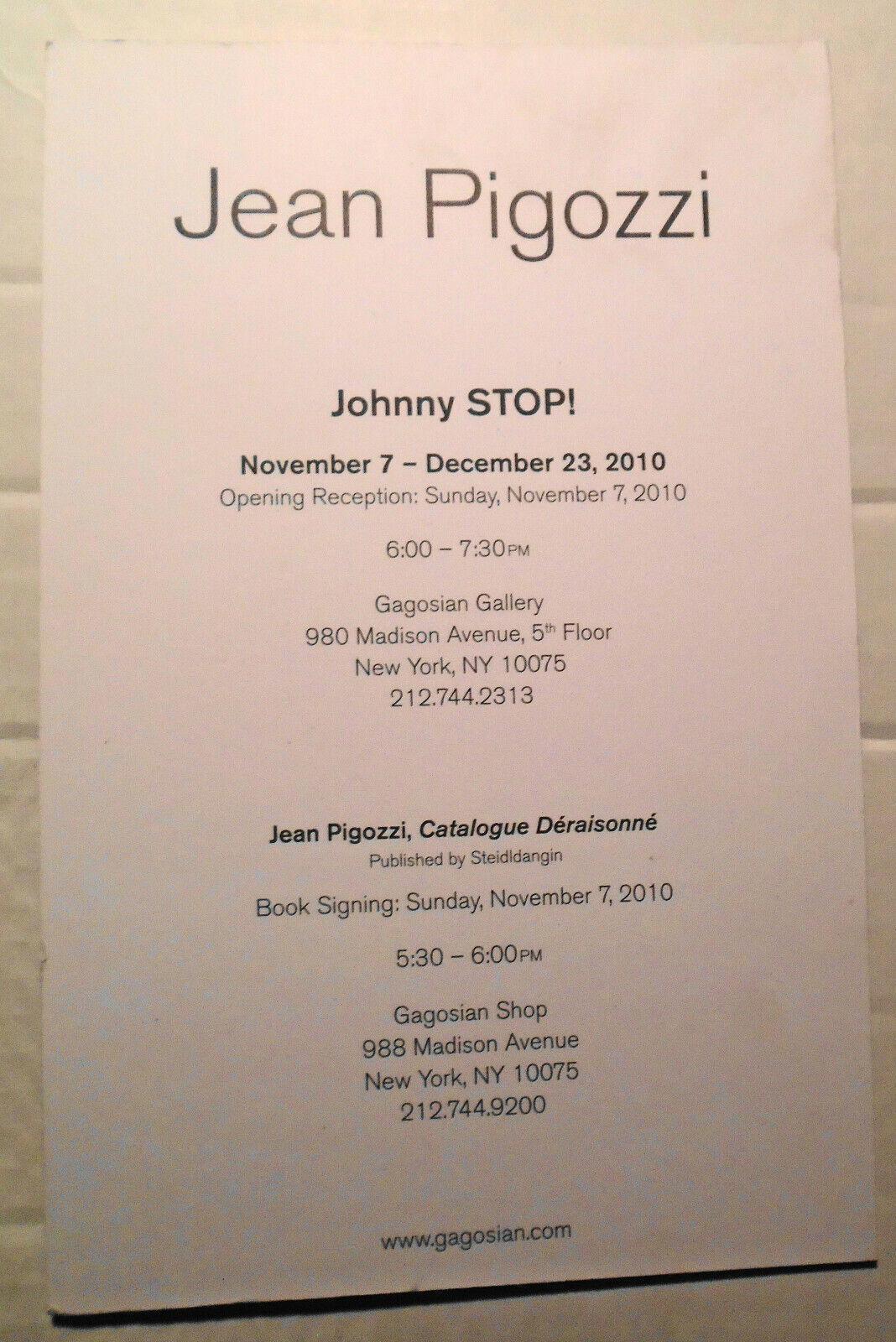 Jean Pigozzi - Exhibition Card - 2010 Gagosian Gallery, New York City