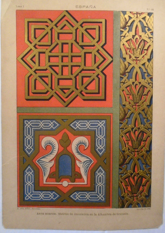 Arte Morisco, motivos... - ESPANA lithograph ca 1890 by J. Aleu, Barcelona.