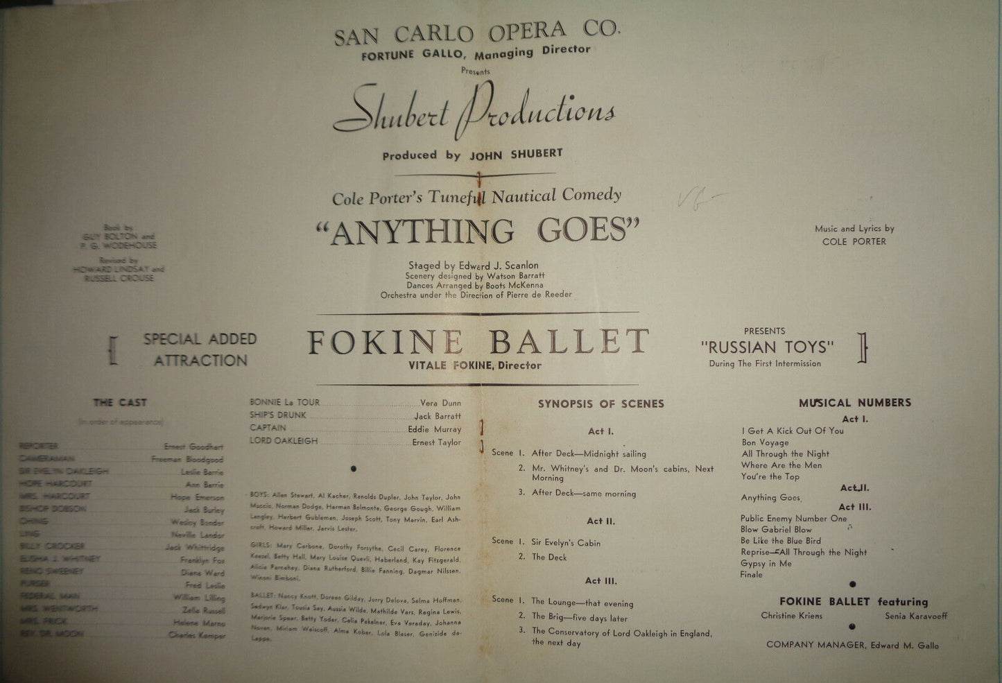 "ANYTHING GOES" - SOUVENIR PROGRAM - 1938 RANDALL'S ISLAND: MUNICIPAL STADIUM NY