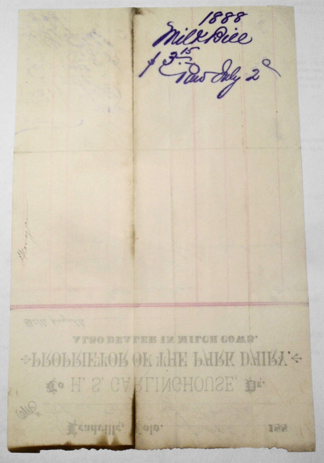 1888 H S Garlinghouse, Park Dairy, Billhead receipt for milk. Leadville Colorado