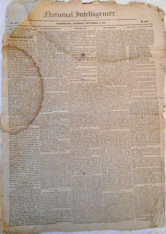 National Intelligencer, September 30, 1824. General Lafayette; runaway slave ads