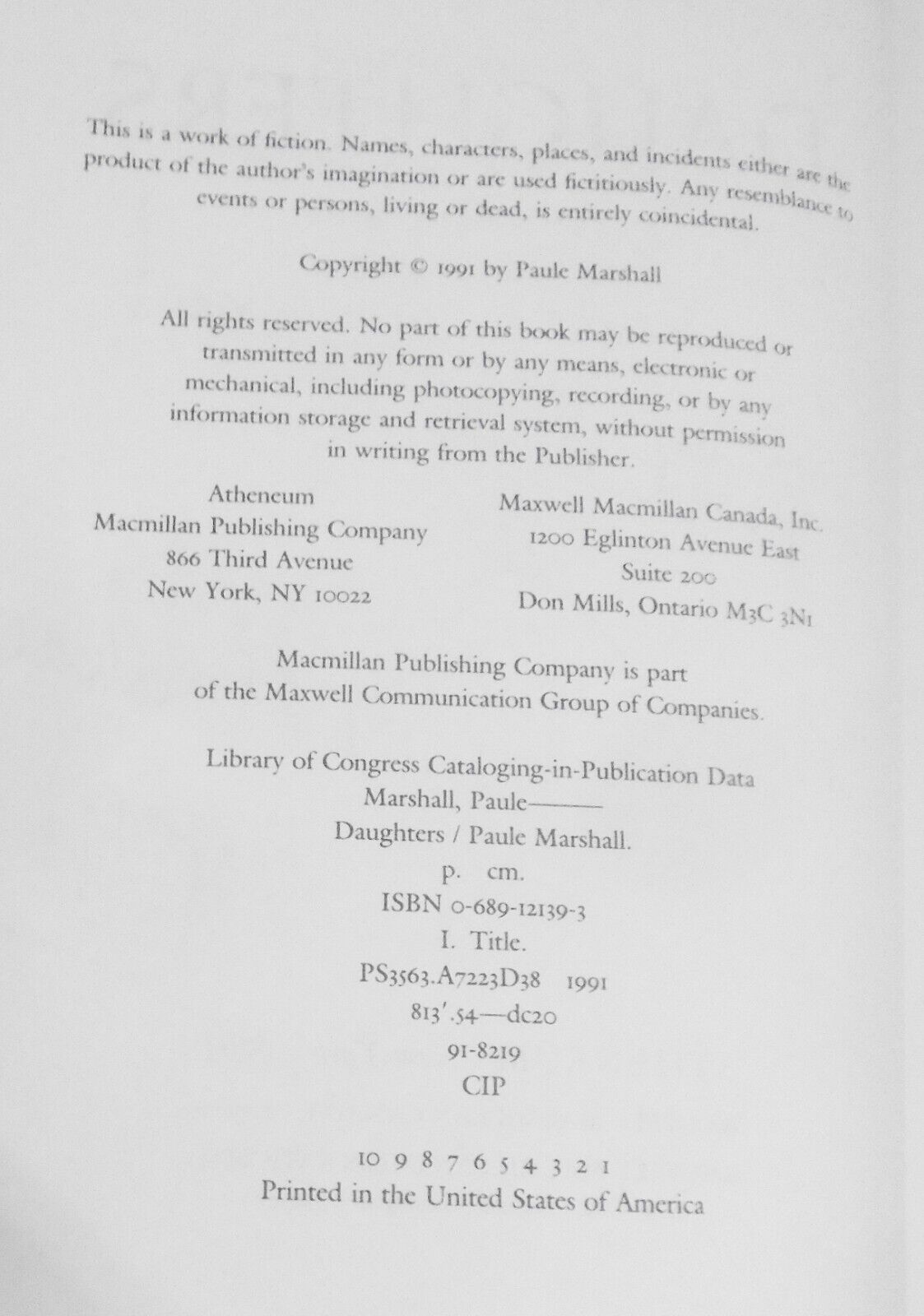 [Caribbean American] Paule Marshall, DAUGHTERS. Signed First edition, 1991. HC