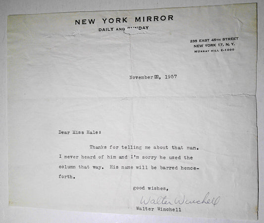 Walter Winchell Signed letter, 1957, on New York Mirror stationery