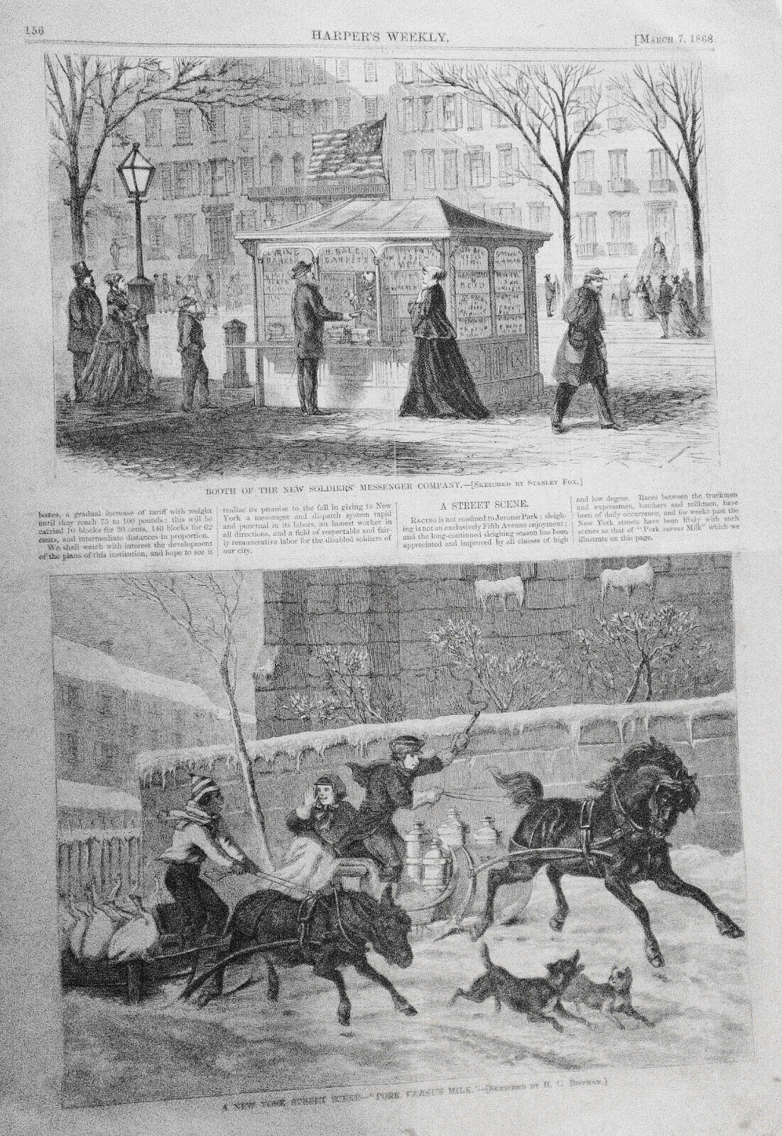 Booth of Soldiers' Messenger Co. / Pork vs. Milk / Horse Flesh & Trimmings. 1868
