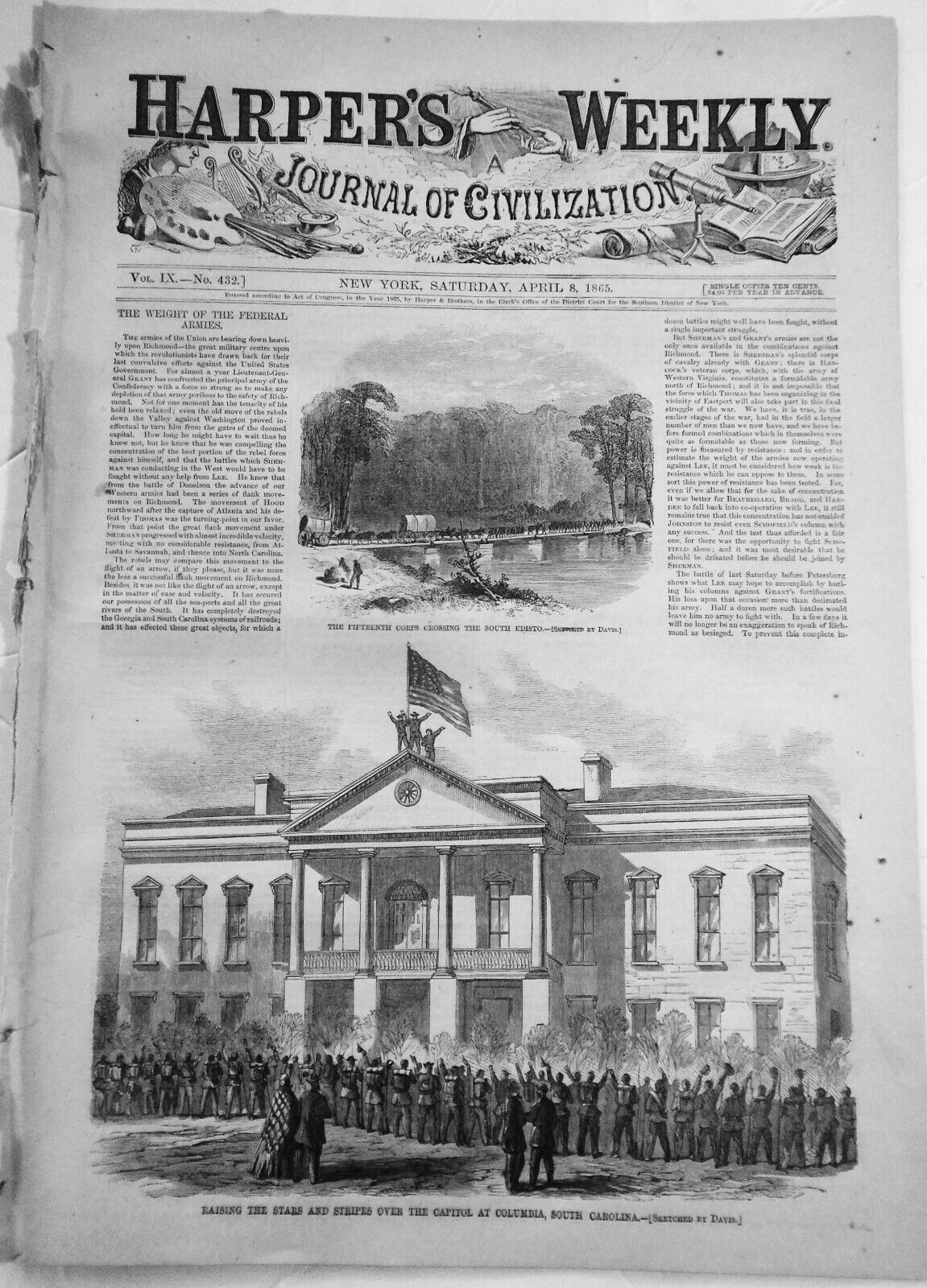 Harper's Weekly April 8, 1865 Original Complete issue. Burning of Columbia, SC..