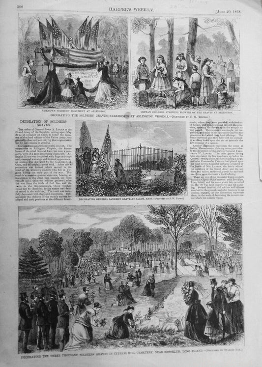 Decoration Of Soldiers' Graves - Harper's Weekly June 20, 1868. Story & 4 Prints