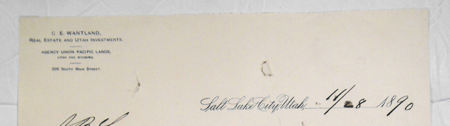 1890 C E Wantland, Real Estate Investments Salt Lake City, Utah. Original letter