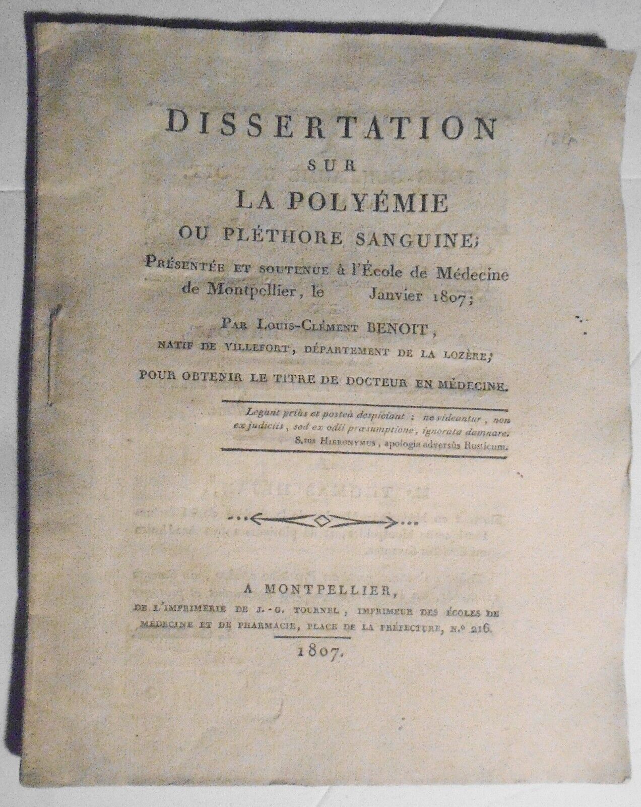 1807 Dissertations sur la polyémie ou pléthore sanguine - by Louis-Cle Benoit