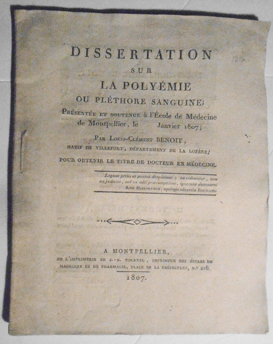 1807 Dissertations sur la polyémie ou pléthore sanguine - by Louis-Cle Benoit