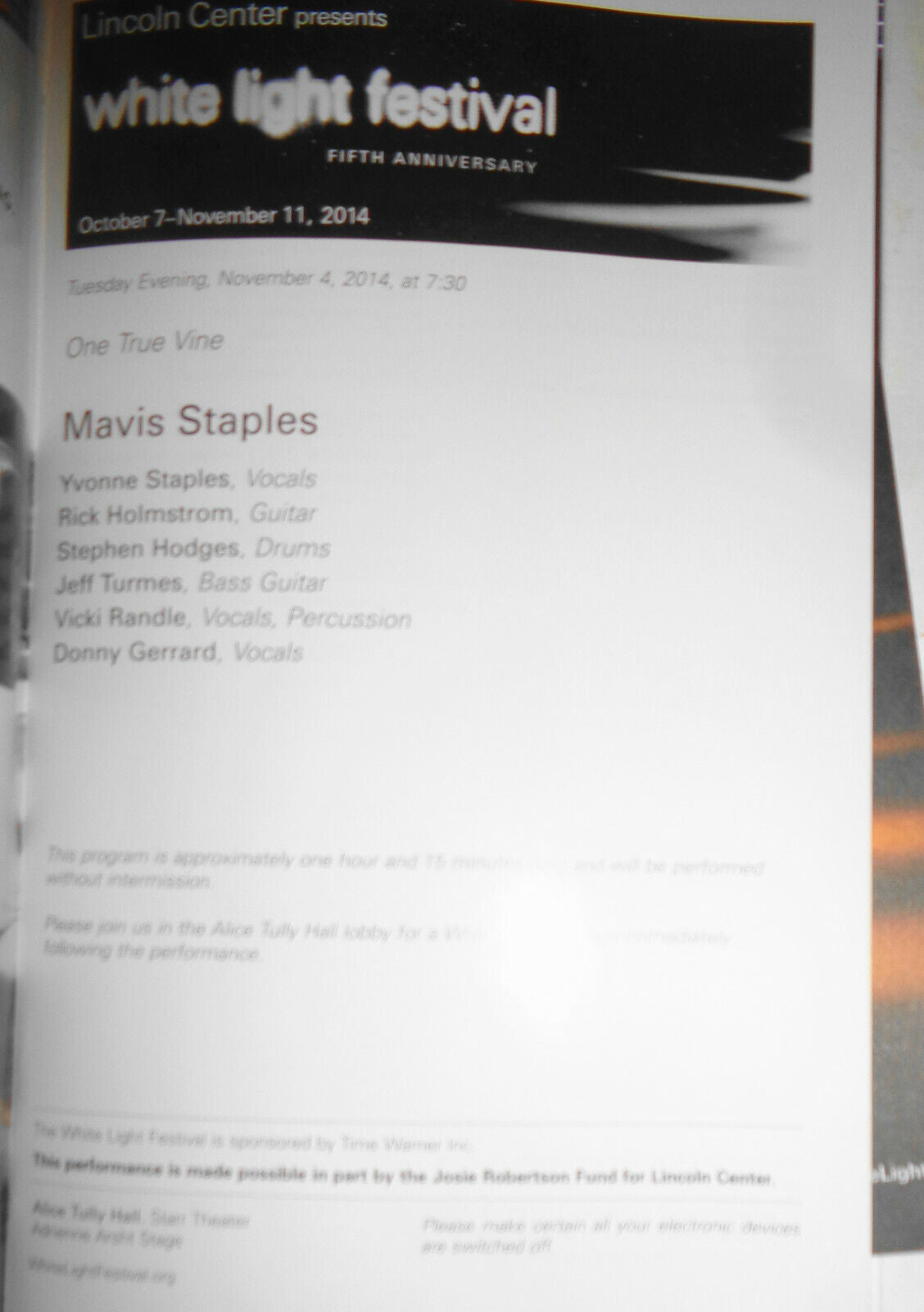 White Light Festival at Lincoln Center Playbill, November 2014 - Mavis Staples