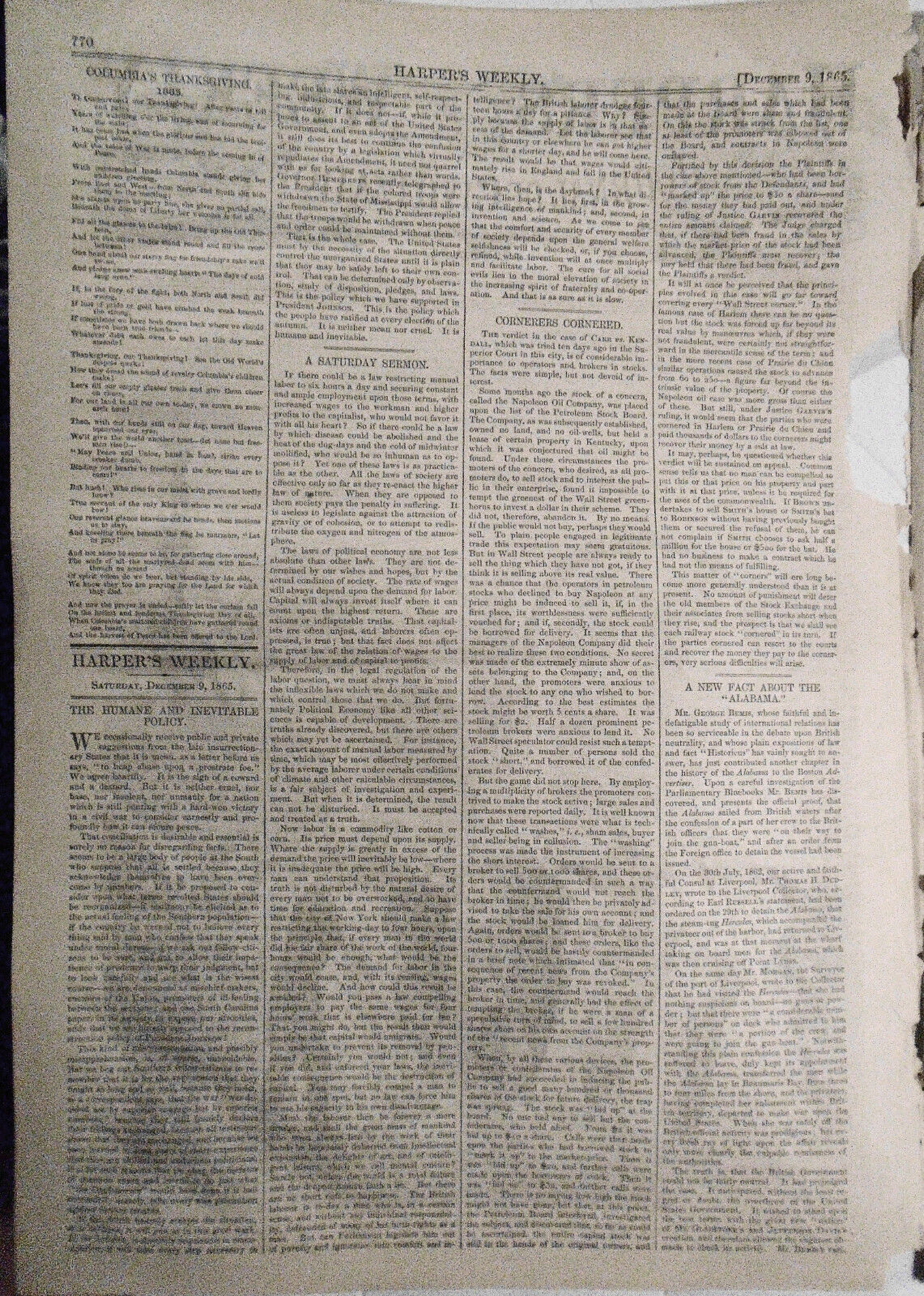 Original Harper's Weekly December 9, 1865 - Complete issue [Post Civil War]