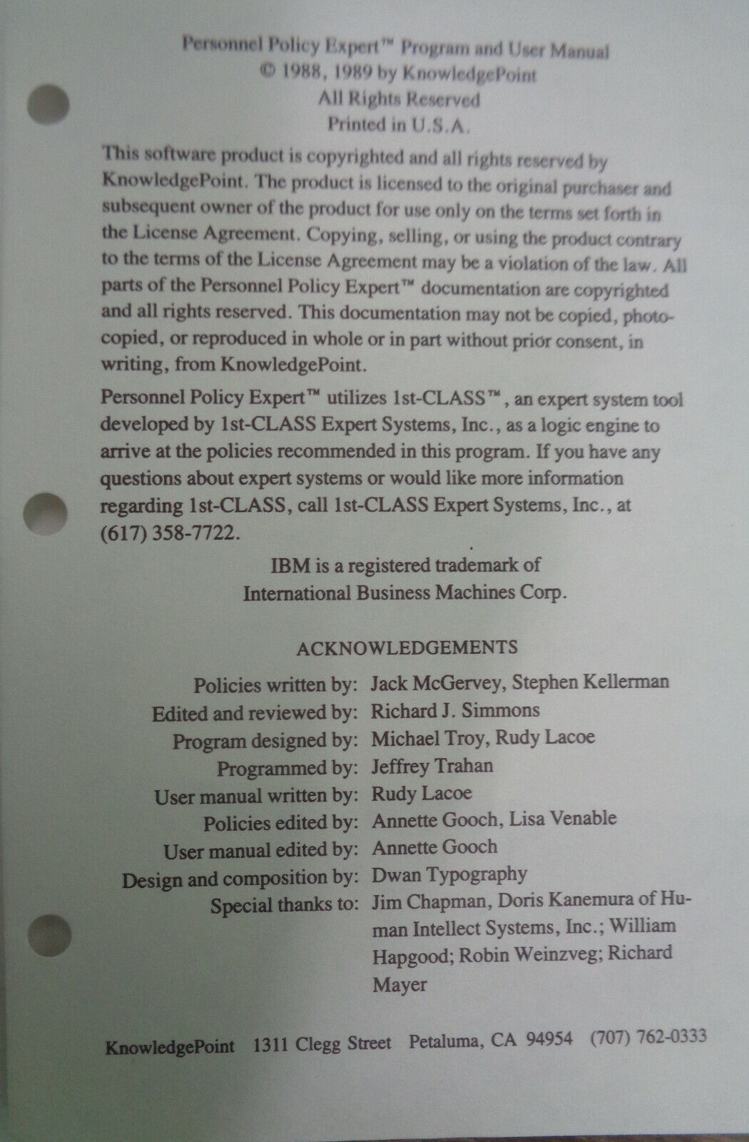 Personnel Policy Expert, by KnowledgePoint 1989. For IBM PCs.