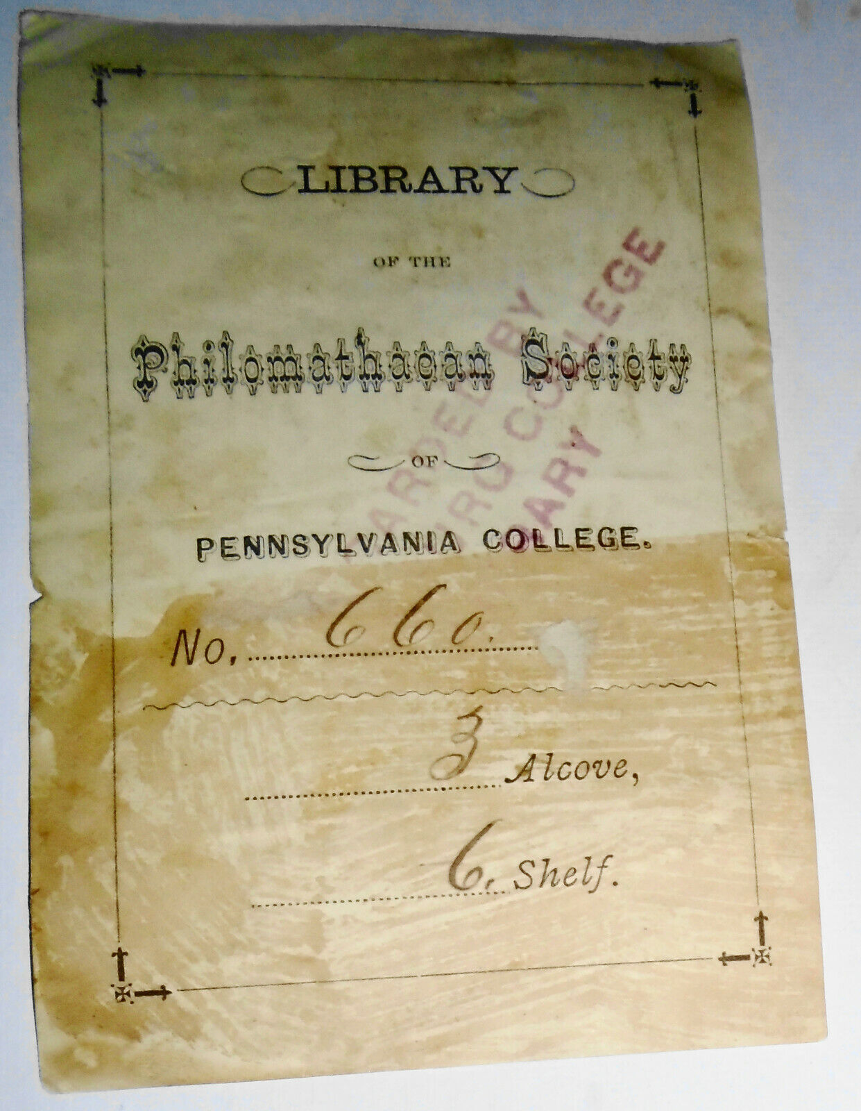 Library of Philomathaean Society, Pennsylvania College Bookplate - 19th century