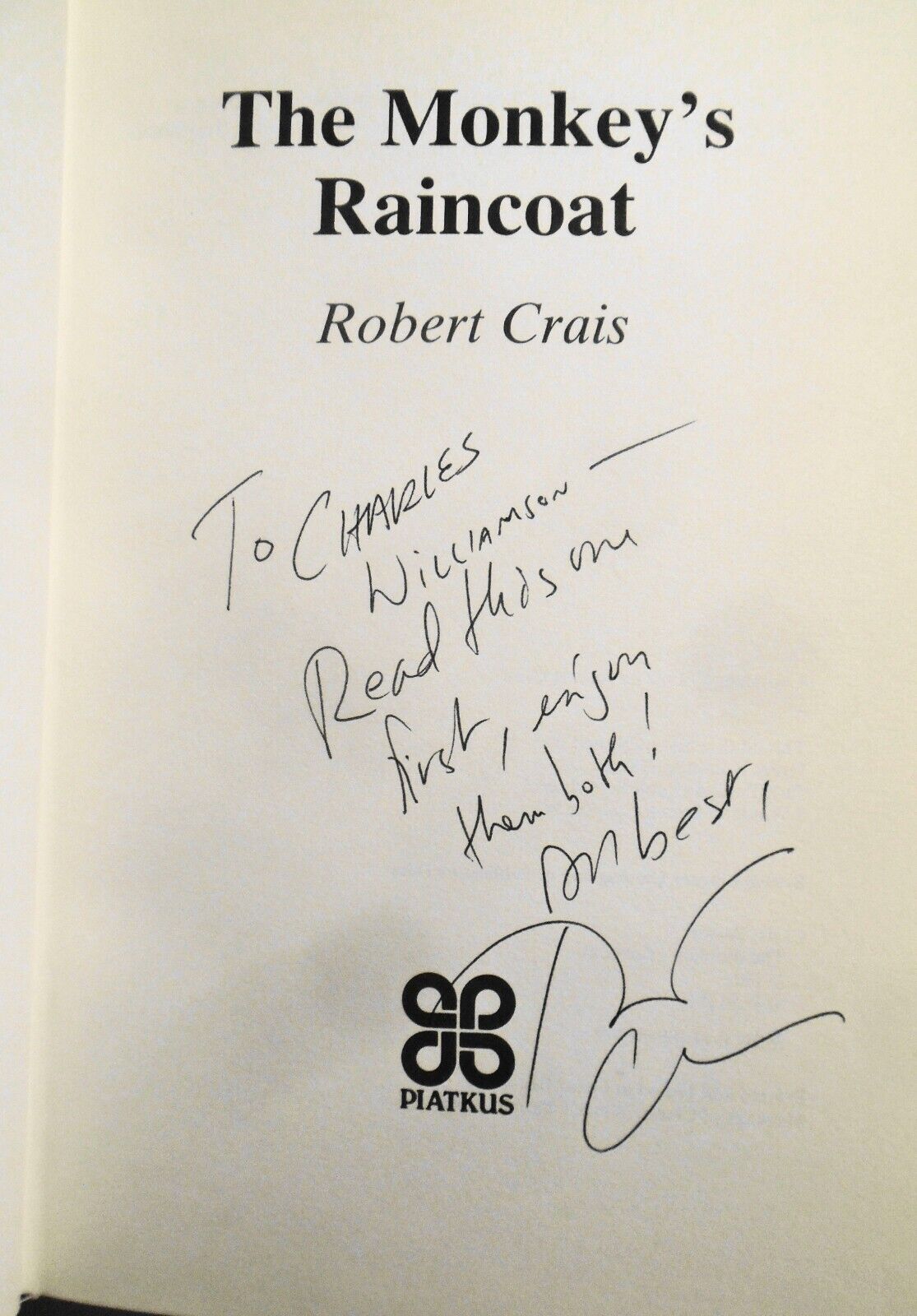 The Monkey's Raincoat, by Robert Crais. SIGNED First Edition, 1989. Fine/Fine.