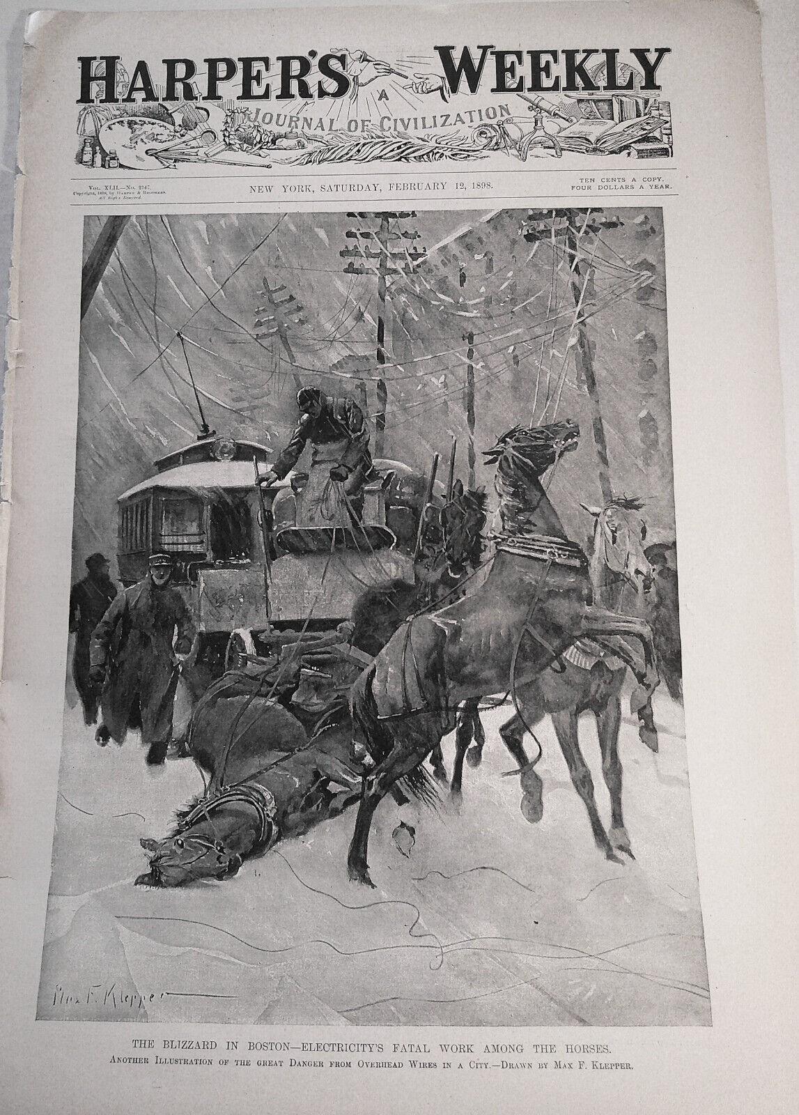 The Blizzard In Boston  - Electricity fatal for horses - Harper's Weekly 1898