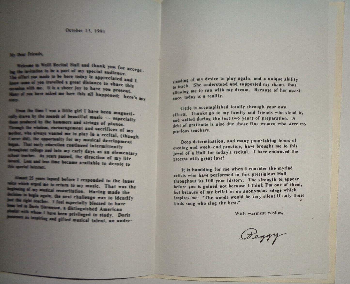 Peggy Pugh - Piano Recital - Souvenir Program - Carnegie Hall - October 13, 1991