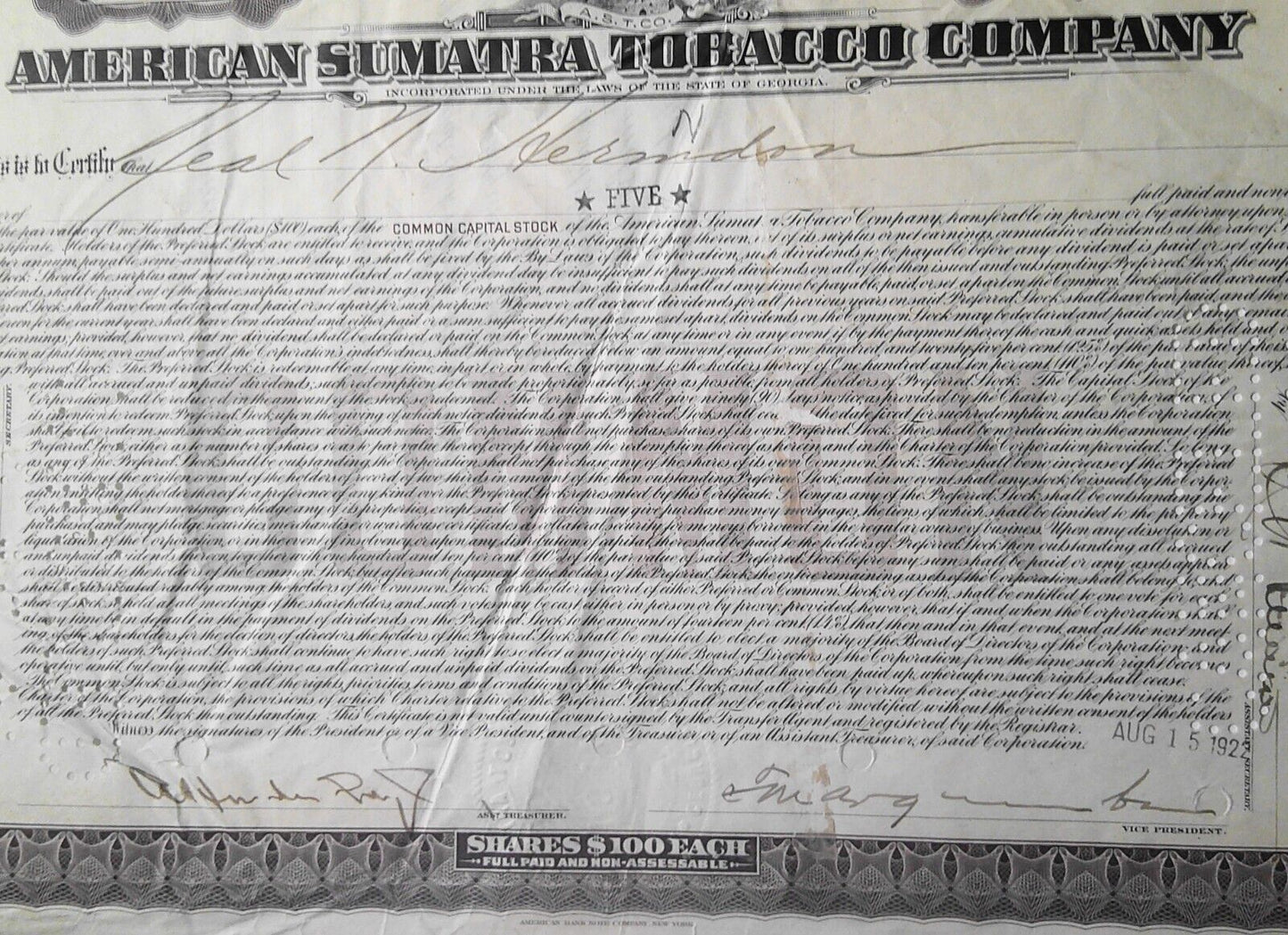 1922 American  Sumaytra Tobacco Company Stock Certificate - Five shares