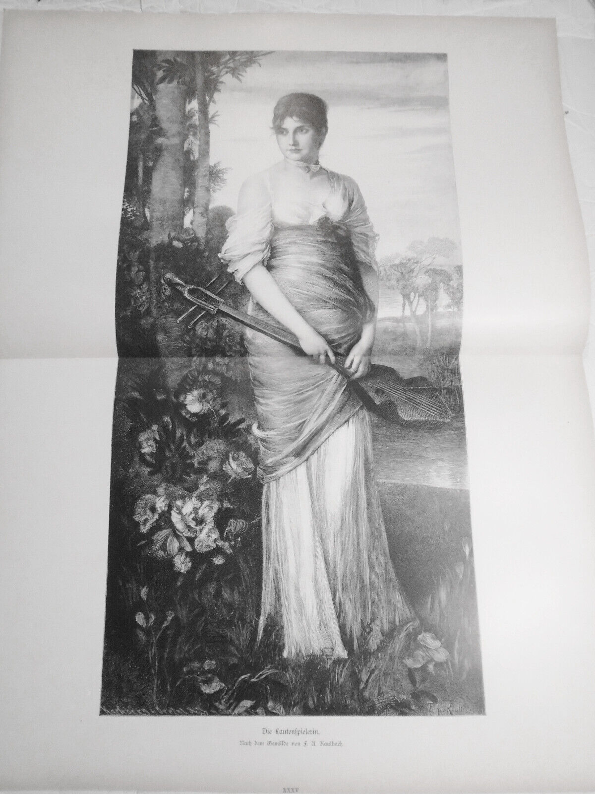 Die Lautenspielerin - nach Gemälde von F A Kaulbach  --  1884 original 22x16 in.