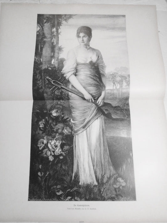 Die Lautenspielerin - nach Gemälde von F A Kaulbach  --  1884 original 22x16 in.
