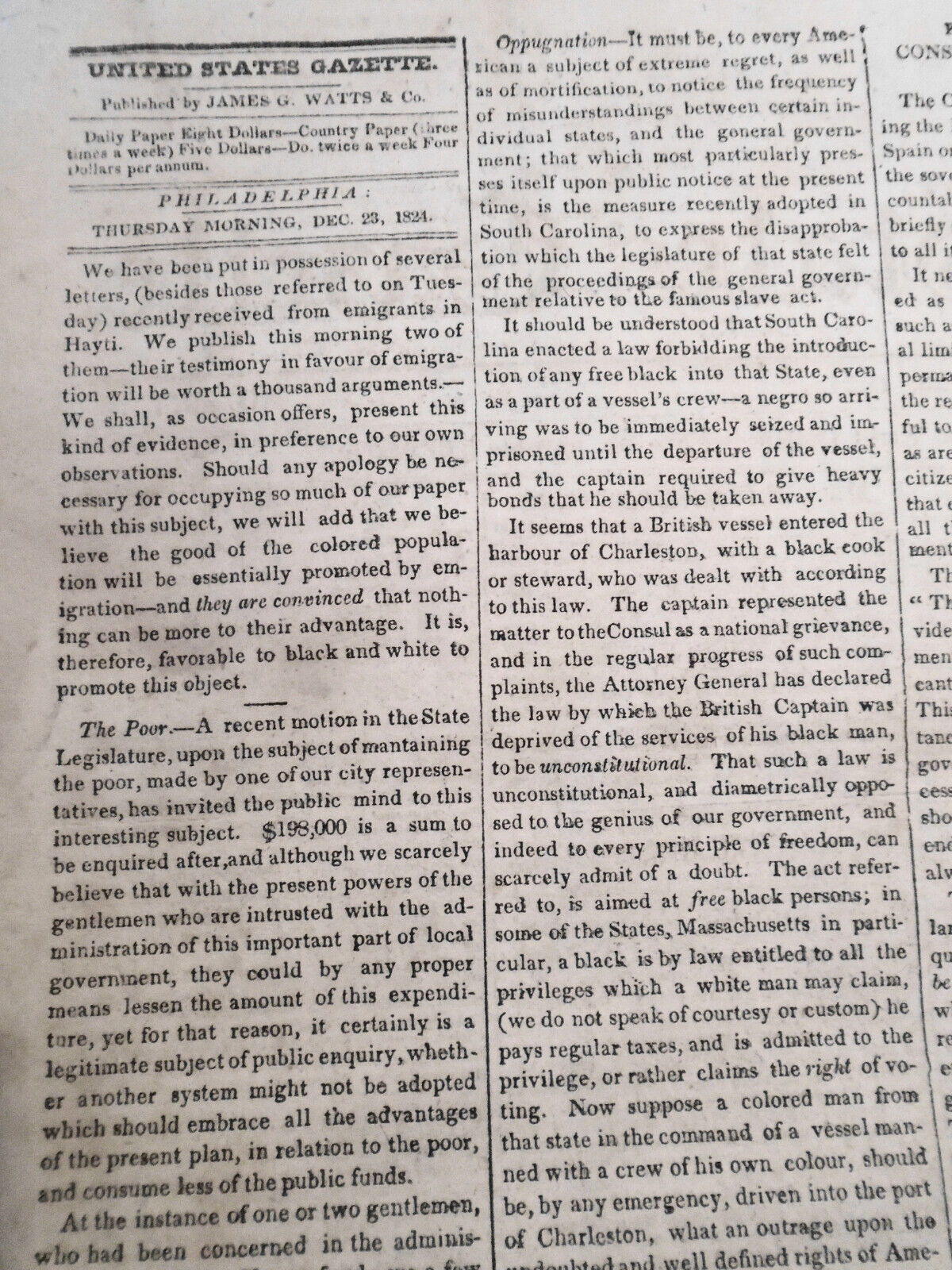 The United States Gazette December 23, 1824 - South Carolina laws re. Blacks etc