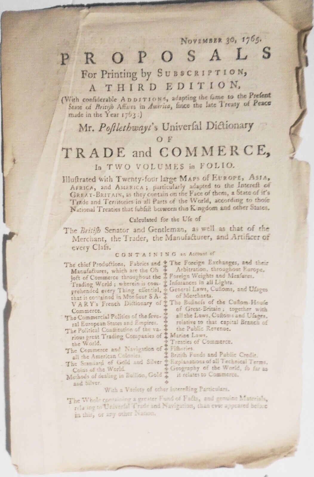 1765 Prospectus for Postlethwayt's Universal Dictionary Of Trade & Commerce