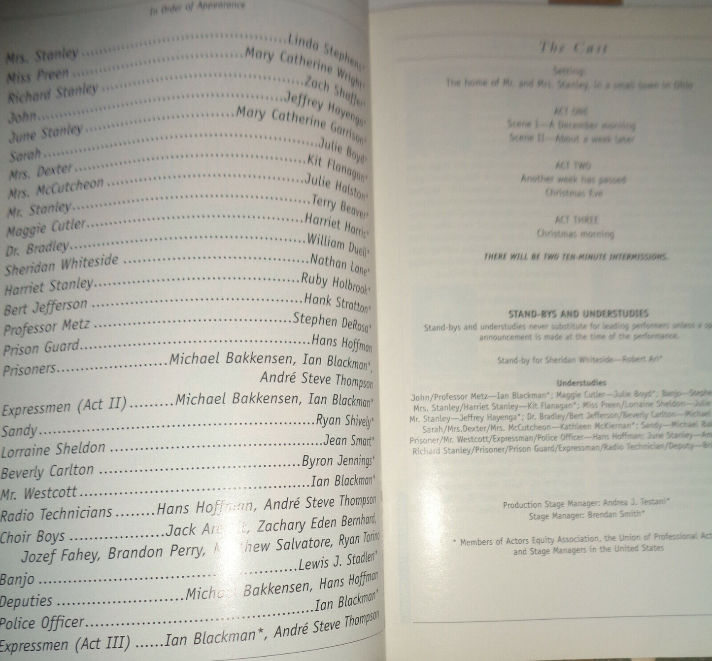 THE MAN WHO CAME TO DINNER - STAGEBILL - OPENING NIGHT: JULY 27, 2000