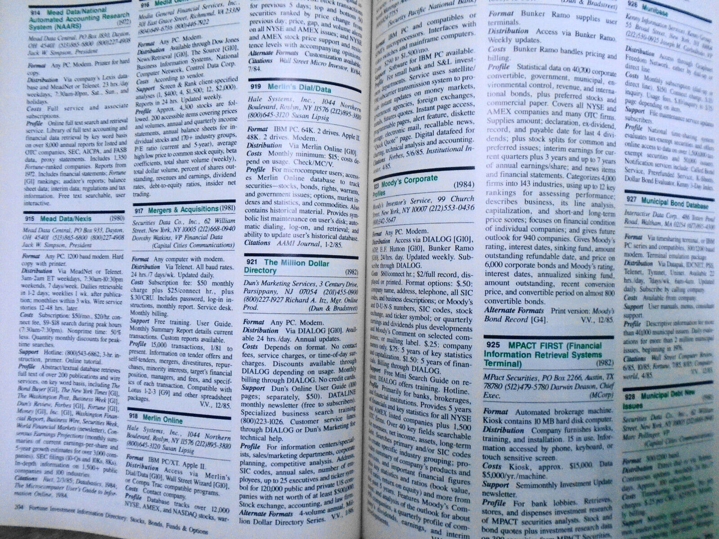 Fortune Investment Information Directory: Stocks, Bonds, Funds, and Options 1986