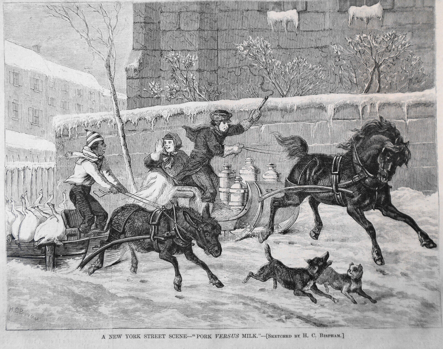 Booth of Soldiers' Messenger Co. / Pork vs. Milk / Horse Flesh & Trimmings. 1868