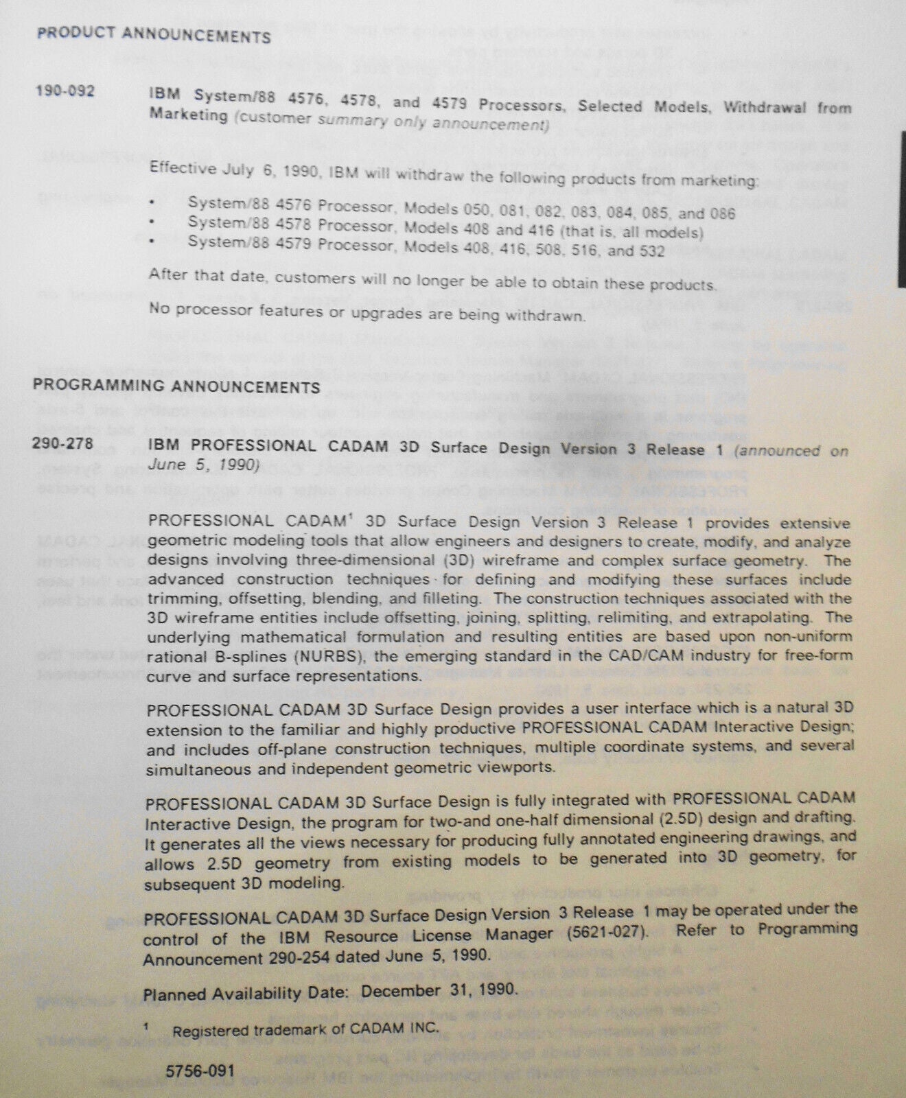 IBM Announcement Letter Summary, June 19, 1990 : System/370; AIX; Token-ring etc