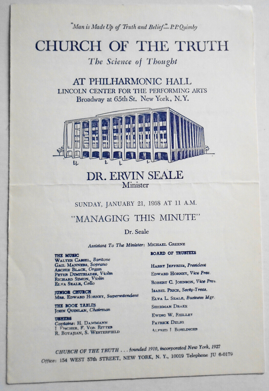 Dr. Ervin Seale - Church Of The Truth -  3 Programs, 1967-68 Lincoln Center, NYC