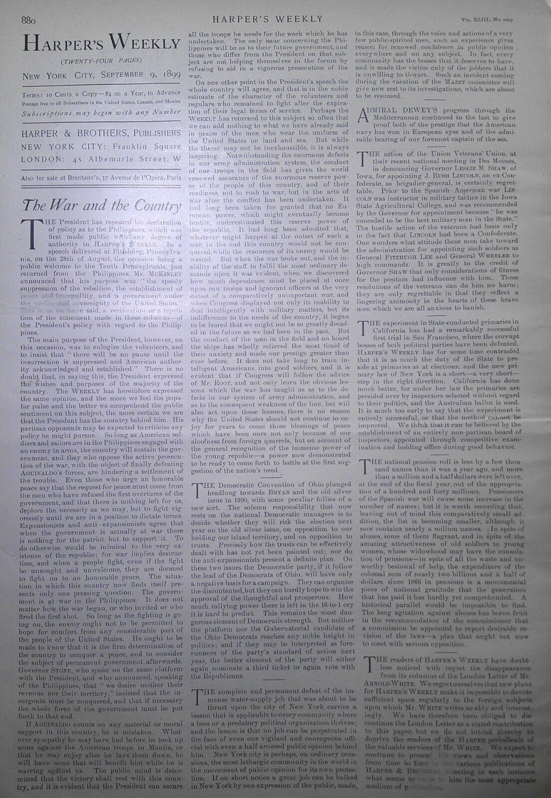 Harper's Weekly September 9, 1899. Booker T Washington on Africa; Dewey Arch etc